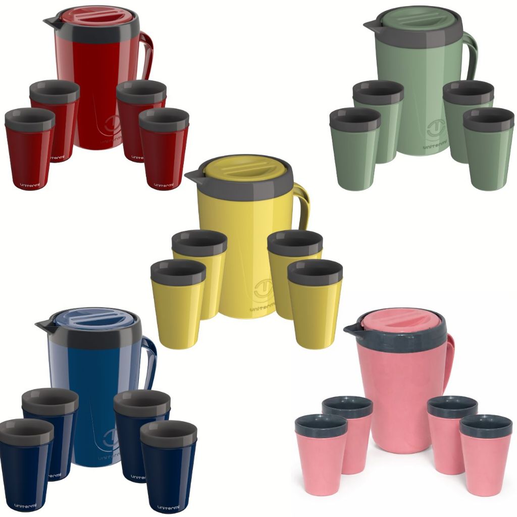 Kit Jarra Térmica 2L Caribe + 4 Copos Térmicos 350ML Munique Unitermi Bebida Água Suco