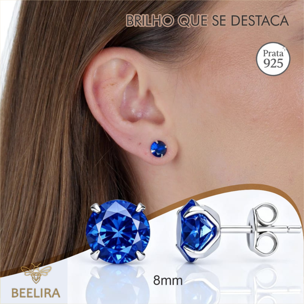 Brinco Ponto de Luz Azul Royal 8mm Prata 925 – Brilho Marcante e Sofisticado
