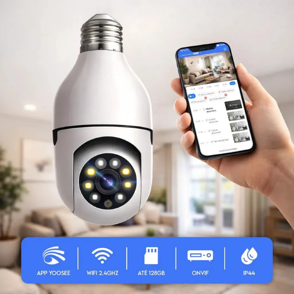 Câmera Segurança Prova D’água Infravermelho Lâmpada Externa 360 Sem Fio Wifi 2.4G G4 Click
