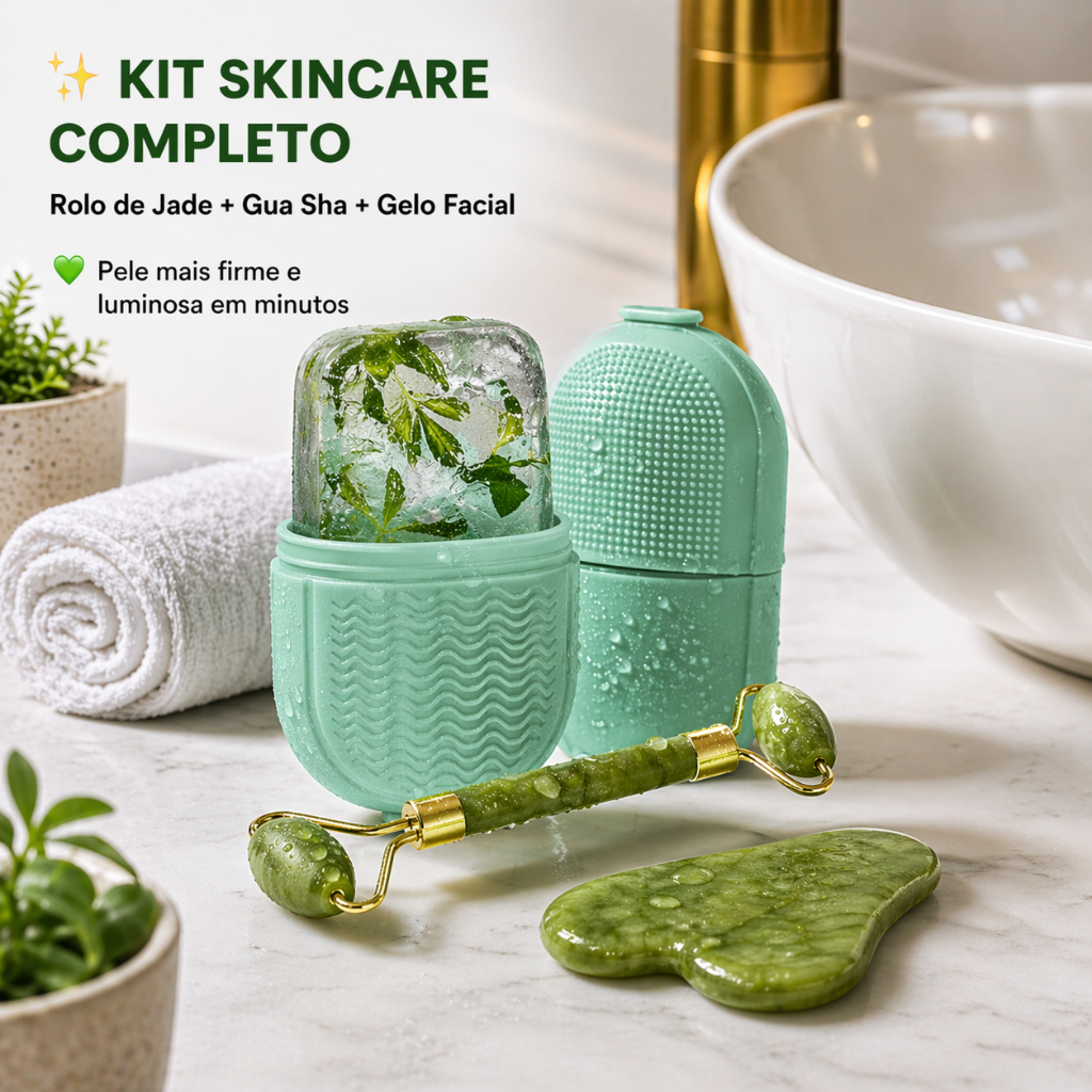 Kit Rolo Pedra De Jade Com Placa Guasha Facial Cor Verde + Forma de Gelo para Limpeza Facial