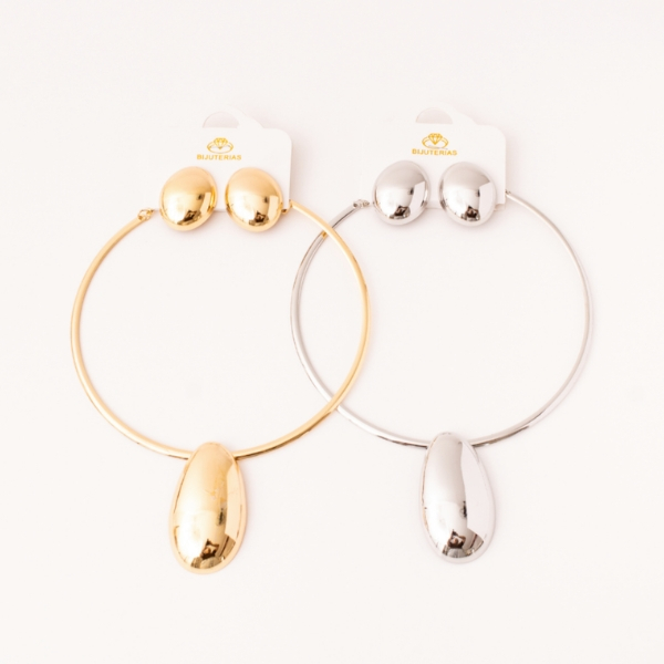 Conjunto Choker Aro Pingente Oval Alongado e Brinco Oval Dourado Prata Feminino Tendência