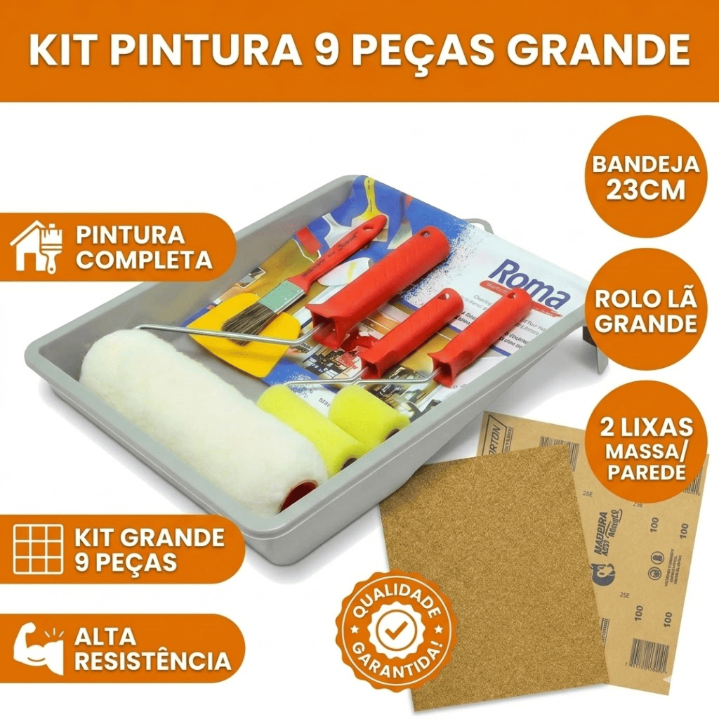Kit 9 Peças Pintura Completo Profissional. Kit pintura parede com ROLO, BANDEJA, TRINCHA, ESPÁTULA E LIXAS.