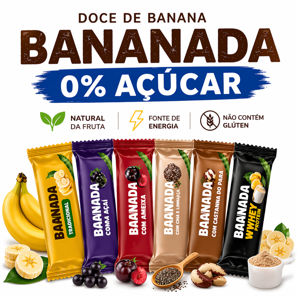 Bananinha 0% Açúcar Barrinha de Banana Natural com Açaí Ameixa Chia Linhaça Castanha Whey Snack Sem Glúten caixa 24 unid