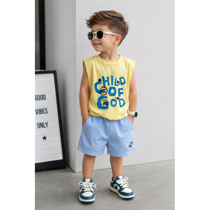 conjunto infantil menino shorts e regata 2 pcs moda infantil blogueirinho| regata AMARELO filho  e bermuda listrada azul