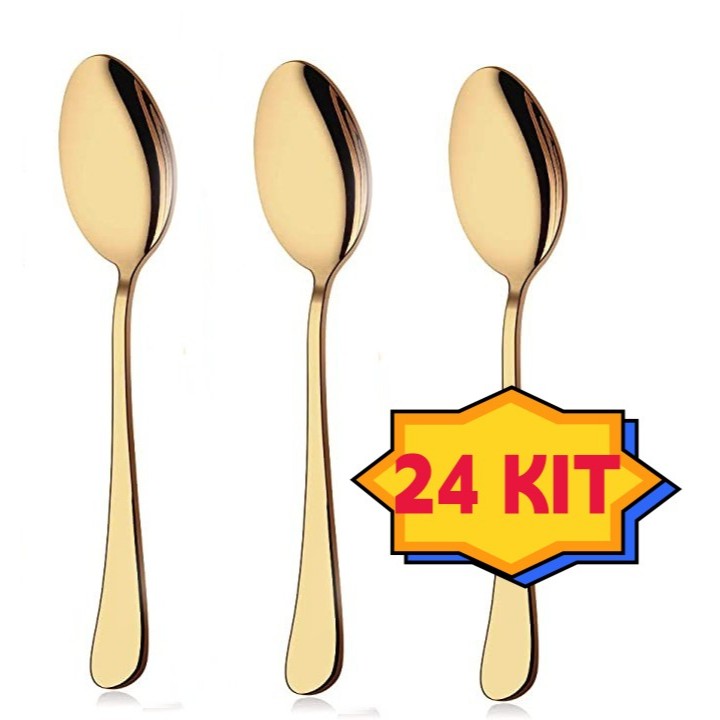 24 Colher Talheres Aço Inox Stainless Steel Mesa Posta Dourado Linha Luxo