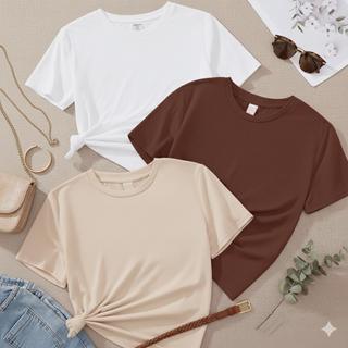 Kit 3 Camiseta Feminina Lisa Básica 100% Algodão T-Shirt Casual Envio Imediato