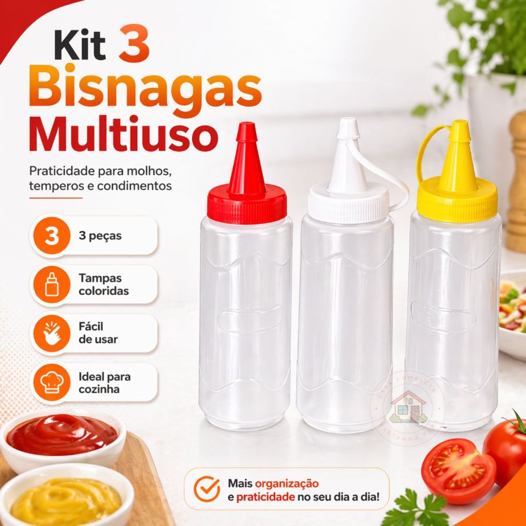 Kit 3 Bisnagas Squeeze 200ml para Molhos Ketchup Mostarda Maionese