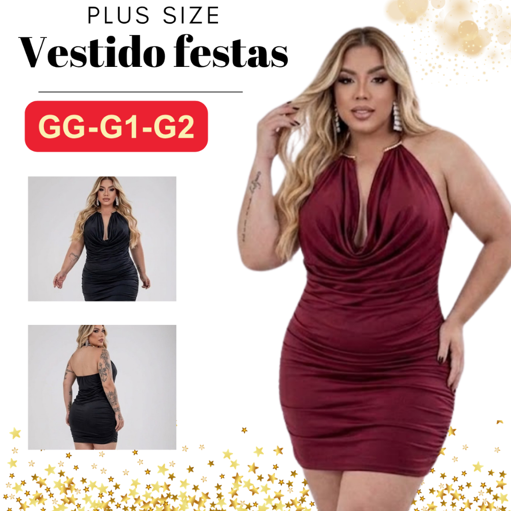 Vestido Plus Size All Curve Curto Drapeado Corrente Suplex Acetinado Justinho Tendência Blogueira Festas Rodeio Pecuaria