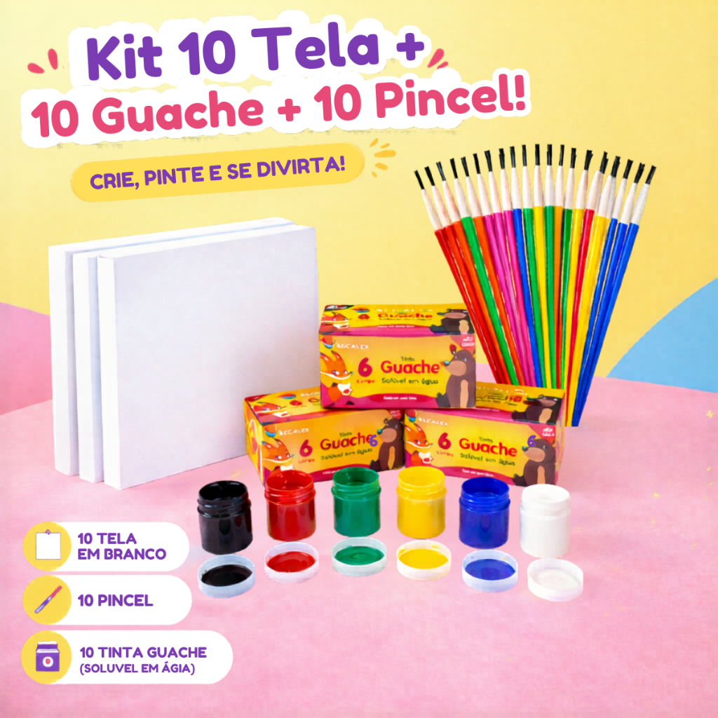 Kit 10 Tela Para Pintura 15x15 + 10 cx Tinta Guache + 10 Pincel Artística Artesanato Escolar Lembrancinha