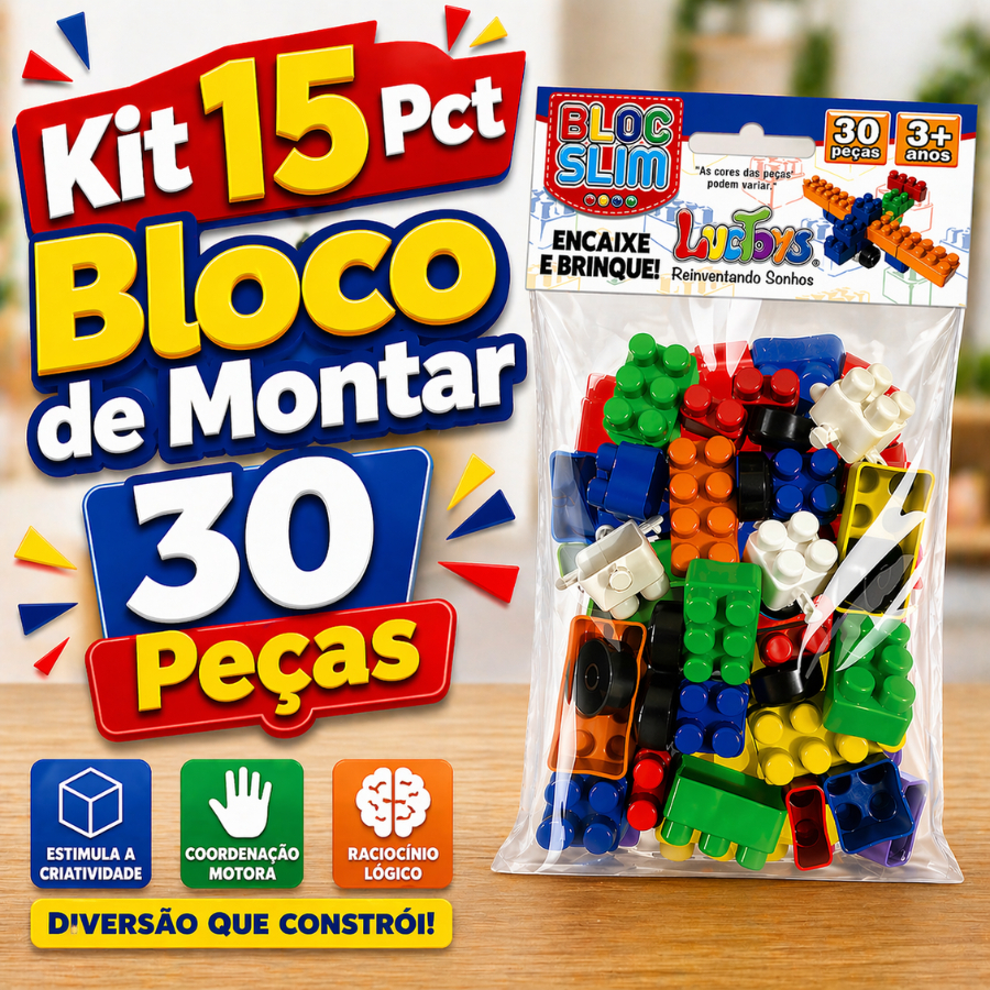 Kit 15 Pct Bloco de Montar 30 Peças com Rodinha Brinquedo Infantil Didático Educativo Lembrancinha