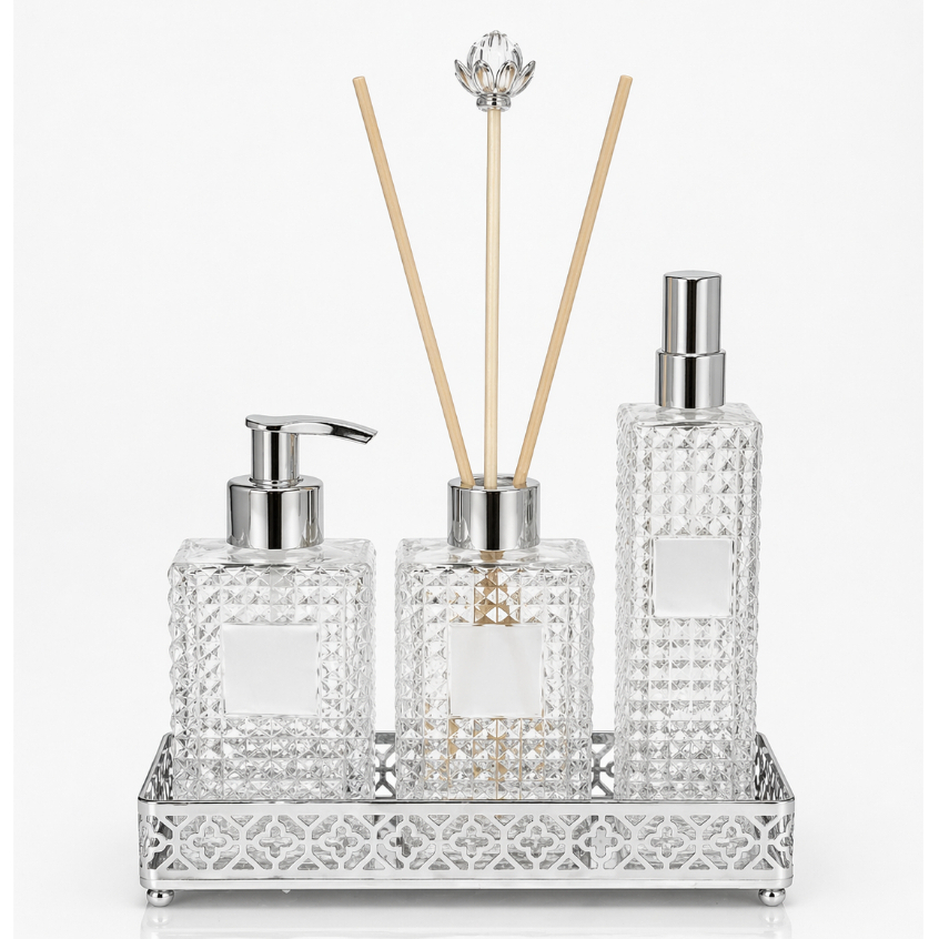 Kit Lavabo Prata Saboneteira Difusor Borrifador Bandeja