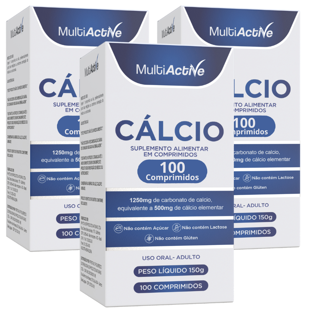 Calcio 500mg MultiActive kit com 3 caixas Carbonato de Calcio Zero Açucar Sem Gluten 100 comprimidos