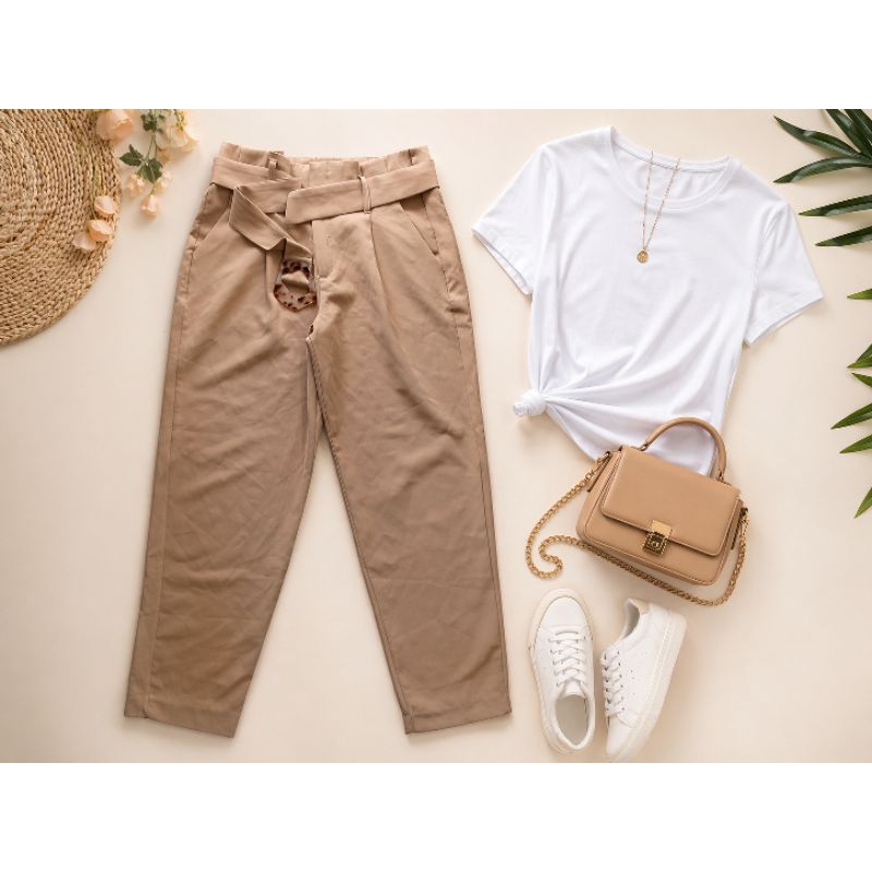 Calça Alfaiataria Marisa 40 Bege Cintura Alta Com Cinto Feminina Social Elastano Elegante Casual Chic