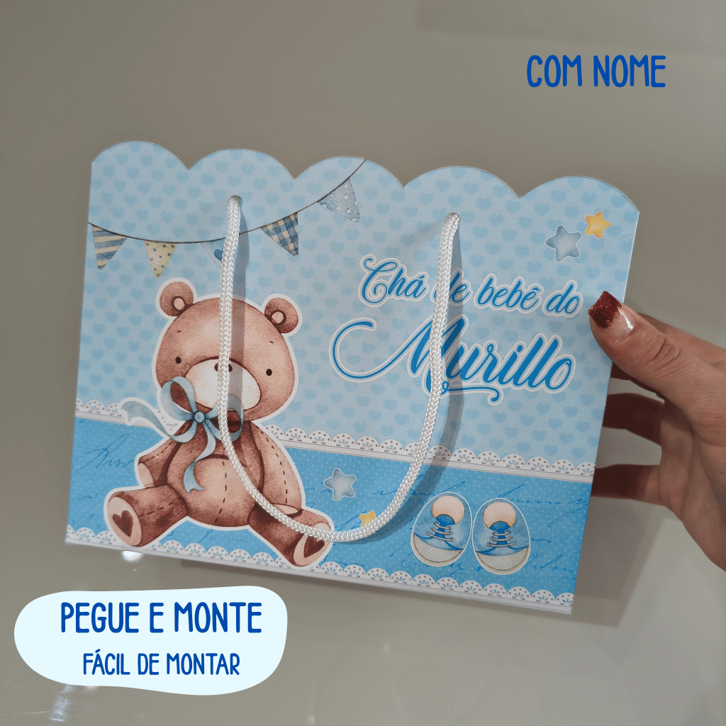 Sacola Personalizada Chá de bebê ursinho azul com Nome | Pegue e Monte Fácil  | Lembrancinha chá de fraldas