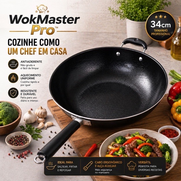Imagem Frigideira Wok 34cm Antiaderente WokMaster Pro™ Profissional Grande Cozinha Chef Preta