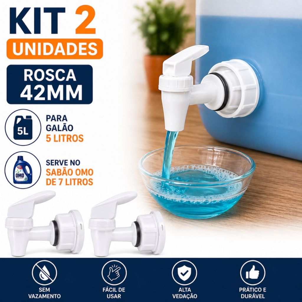 Kit C/ 2 Torneiras + Tampa p/ galão 5 Litros Rosca 42 conjunto montado para pronto uso