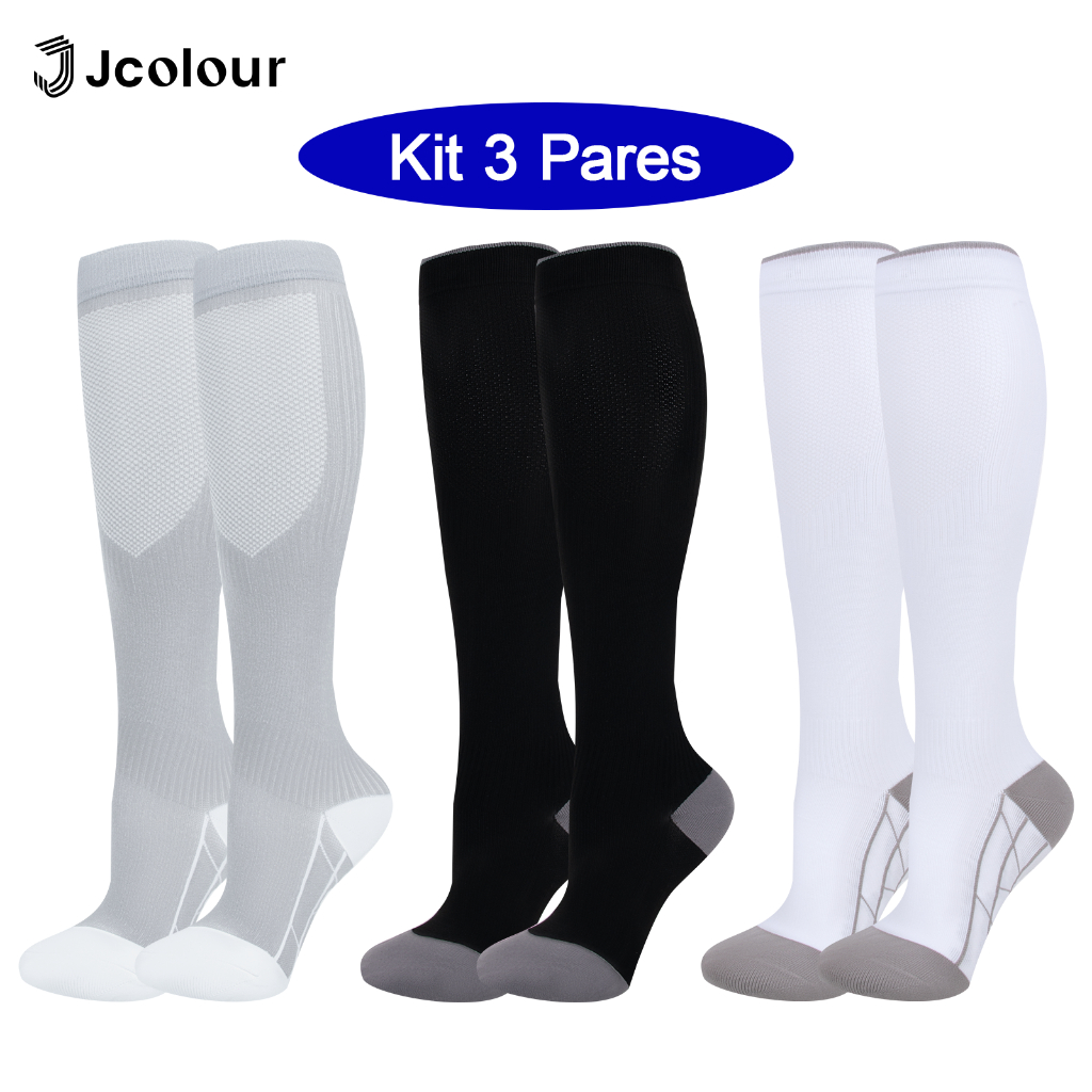 Jcolour Kit 3 Pares Meia Esportiva Compressão Cano Alto Unissex Absorve Suor Para Corrida Caminhada Treino Confortável