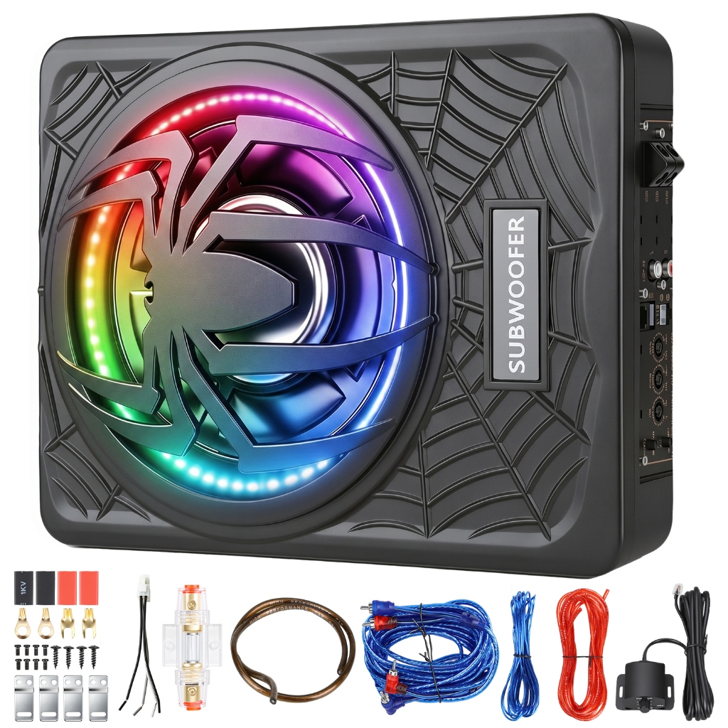 Caixa de Som Subwoofer Slim 10 Polegadas 300W RMS, Grave Potente com Luz RGB para Carro