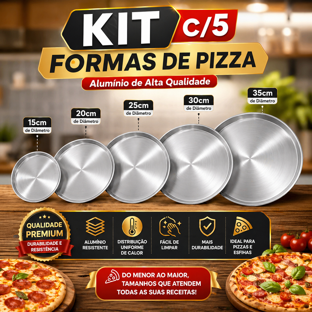 Kit e Atacado C/5  Formas de Pizza  15,20,25,30 e 35 cm Alumínio