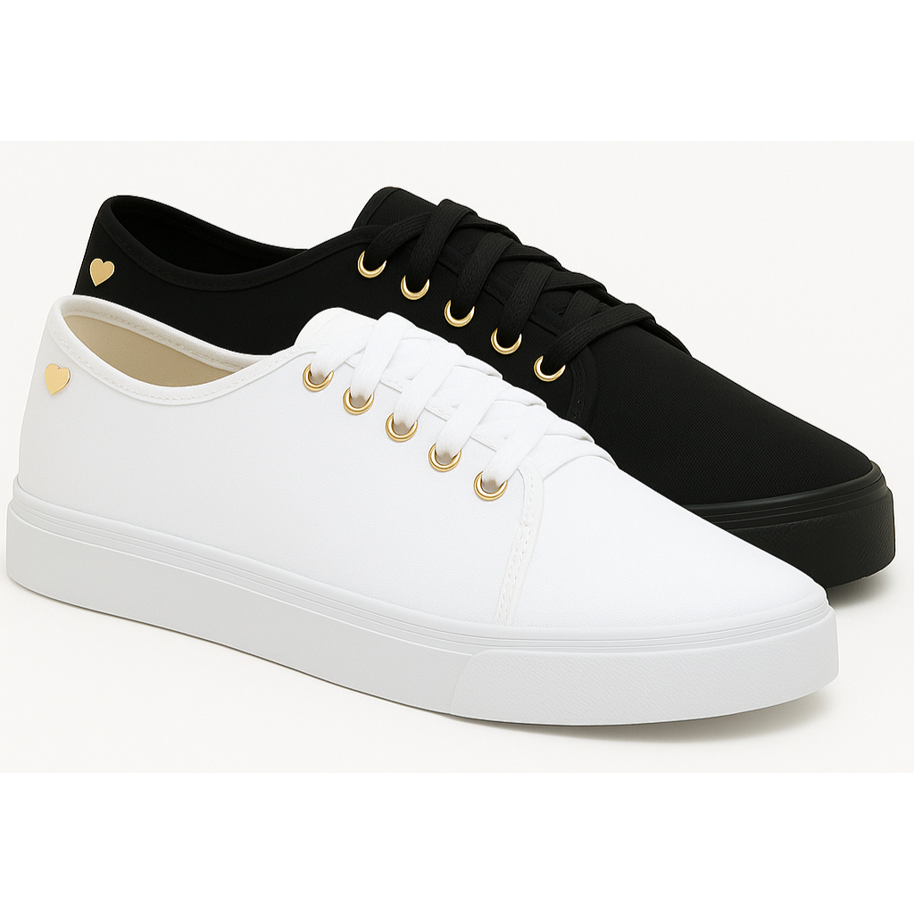 Tênis Feminino Pingente Coração Casual Confortável Branco Preto