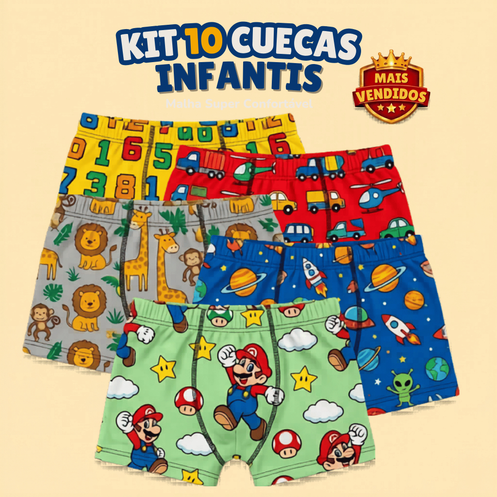 Kit Cueca Boxer Infantil 5 ou 10 Peças Malha Fria Estampada Conforto Menino