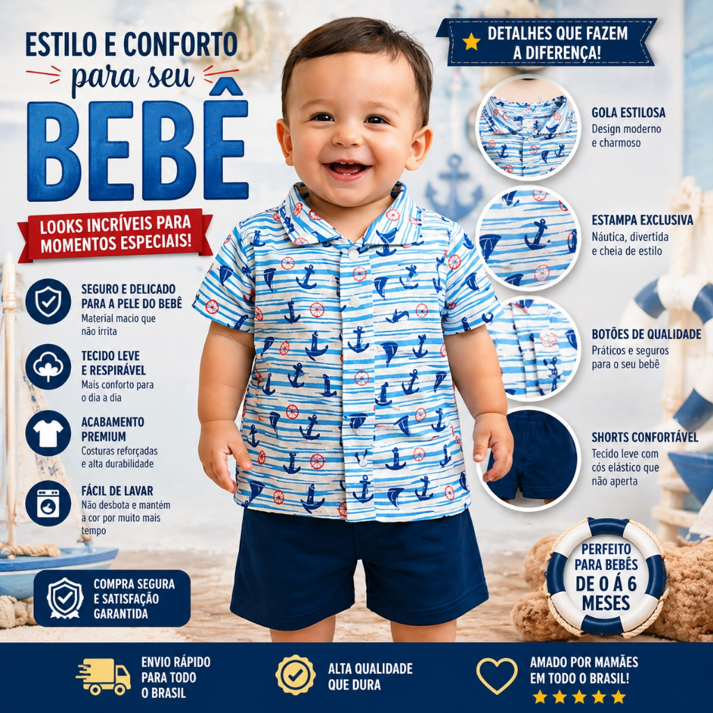 Conjunto Bebê Verão Masculino Camisa Fashion e Short Macio 0 a 6 Meses Roupa Infantil Menino Estilo