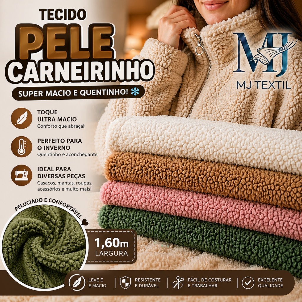 1 Metro Tecido Pele Carneirinho Sherpa 1,60m – Ultra Macio e Quentinho para Inverno