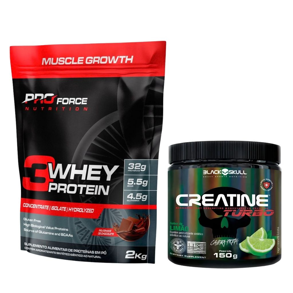 Kit Whey Protein 2kg 3Whey Pro Force Nutrition + Creatina 150g Black Skull