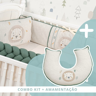 Kit Berço Luxo Leão Verde Linho 100% Algodão + Almofada Amamentação Luxo