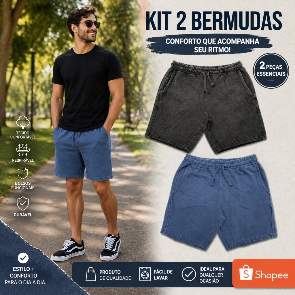 Kit 2 Bermudas Masculina Premium Shorts Moletinho Estonado