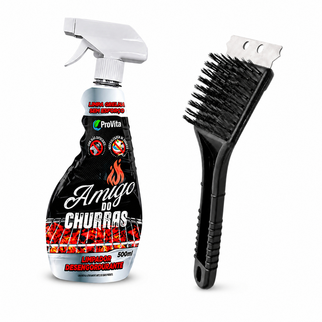 Imagem Limpa Grelha Profissional + Desengordurante Poderoso Remove Gordura Queimada Sem Esforço | Escova com Raspador Churrasco