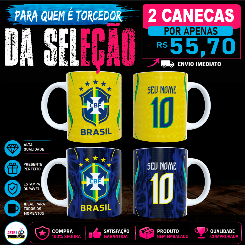 Kit Seleção Brasileira 2 Canecas Personalizadas de Porcelana | Leve 2 Com Desconto