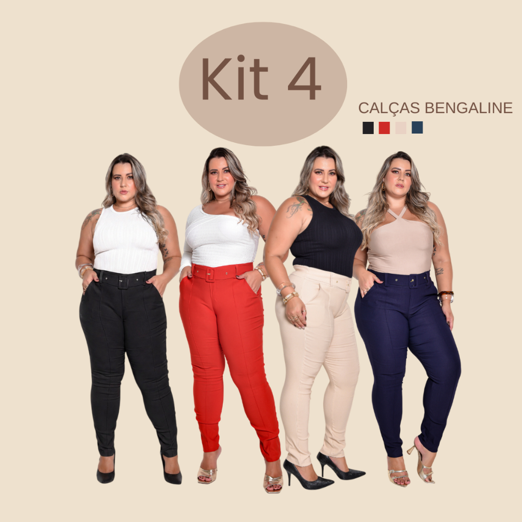 Kit 4 Calças Social Plus Size Trabalho Dia A Dia Com Bolso Funcional e Cinto Tecido Modelador