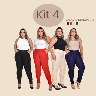 Kit 4 Calças Social Plus Size Trabalho Dia A Dia Com Bolso Funcional e Cinto Tecido Modelador