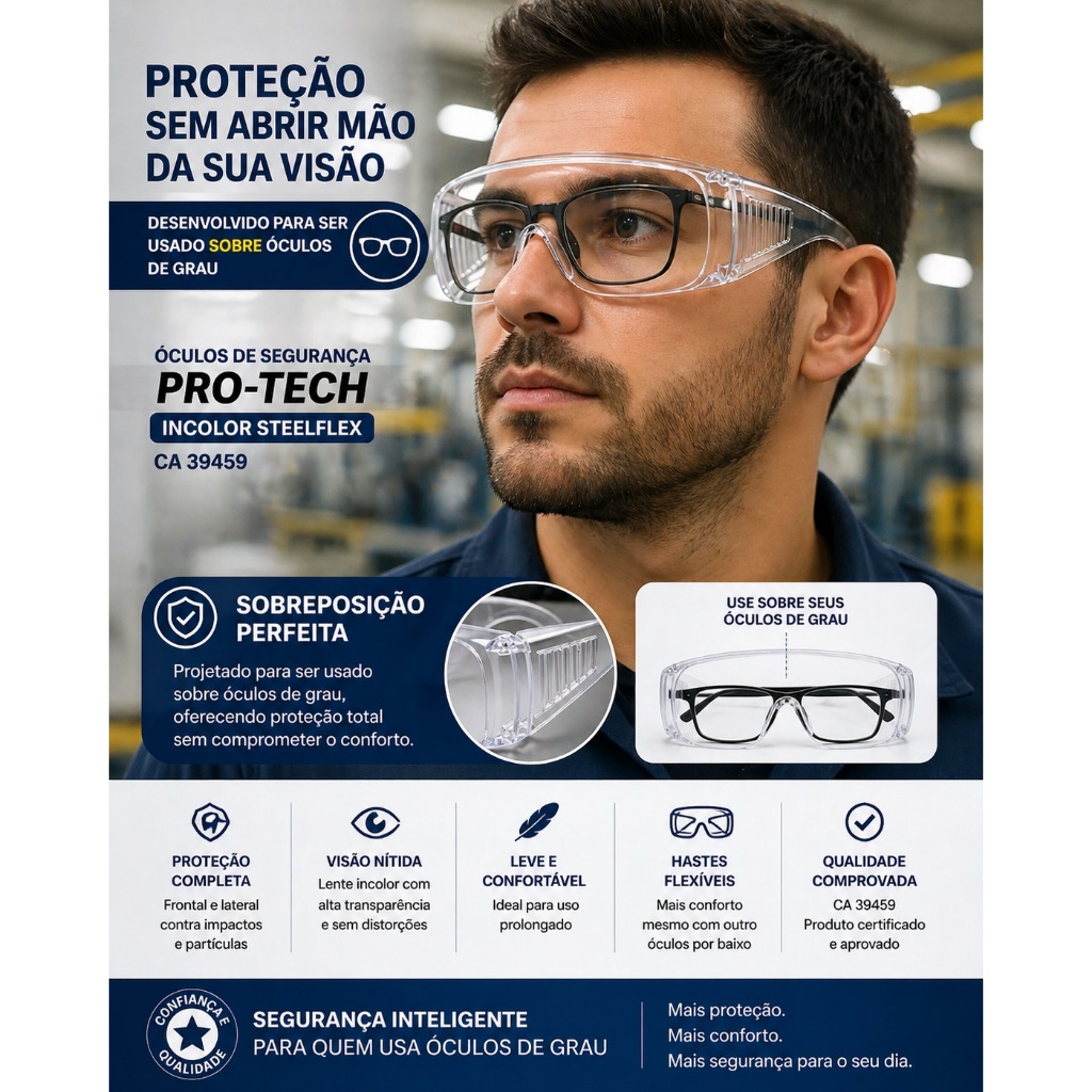 Óculos De Segurança Steelflex Pro-Tech Incolor com CA De Sobrepor Óculos De Grau