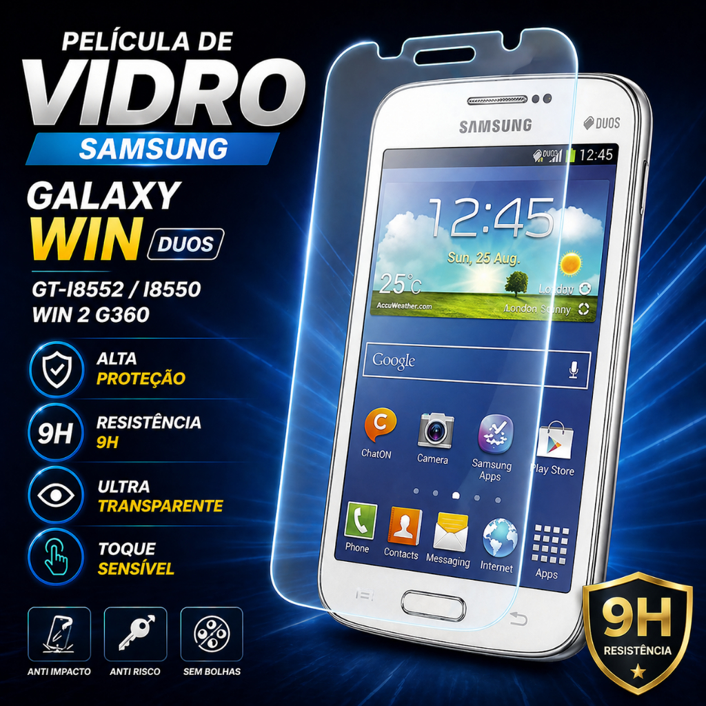 🔥 Película Vidro Temperado Transparente 9H Samsung Galaxy Win Duos GT-I8552 I8550 Win 2 G360 - Proteção Invisível