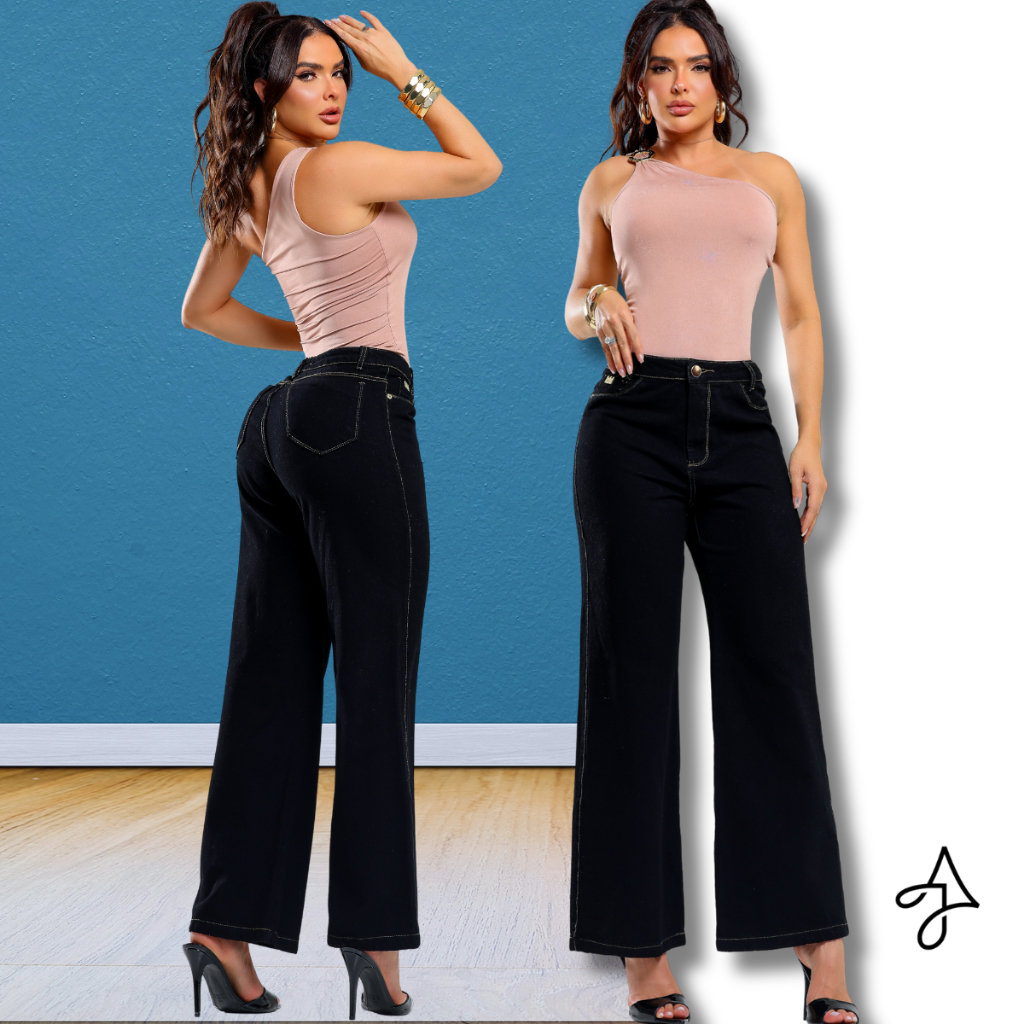 Calça Feminina Wide Leg preto aj 100% algodão Cintura Alta perfeita confortavél