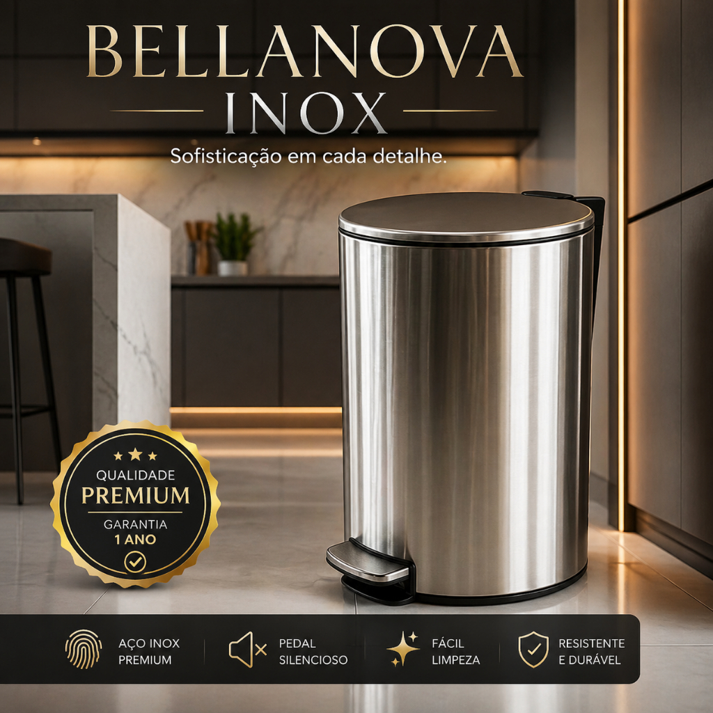 Bellanova Inox Lixeira 12 Litros Slim Redonda com Pedal Silencioso Aço Inoxidável Premium para Cozinha Banheiro Escritór