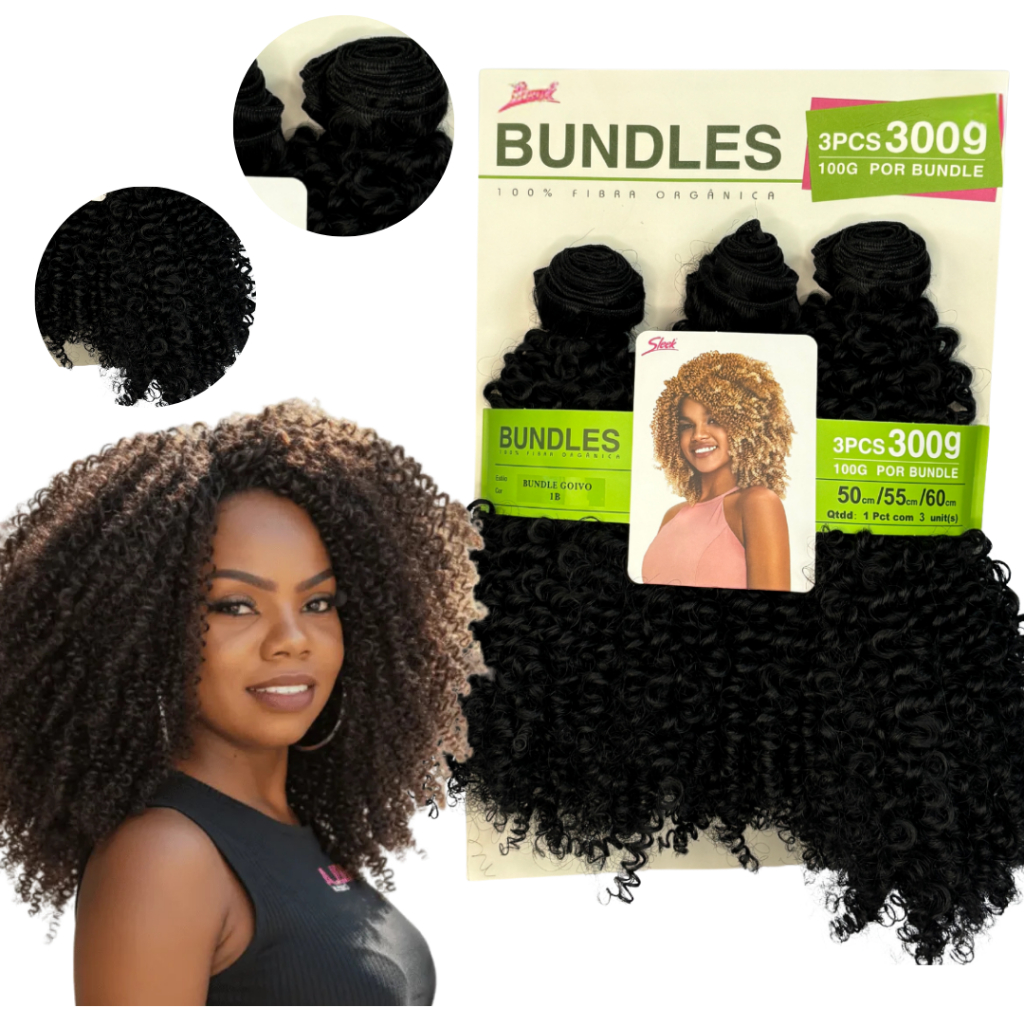 Cabelo Orgânico Cacheado na Tela Sleek Bundles Goivo Pacotão 300g
