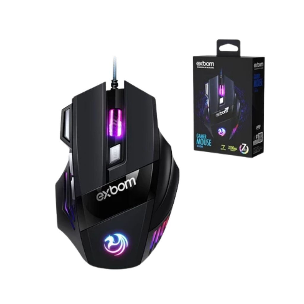 Mouse Gamer RGB 3200 DPI USB Com Fio LED Alta Precisão Exbom G260