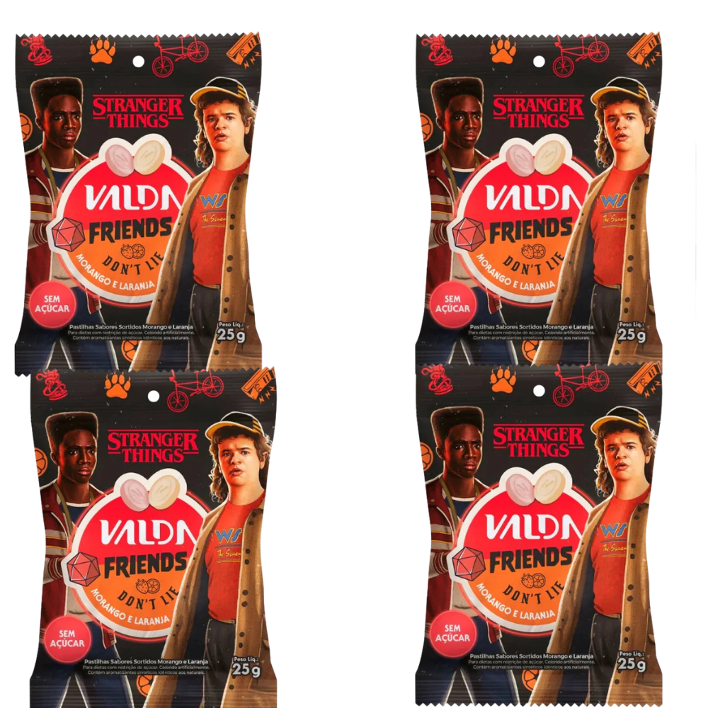 Kit C/4 Pastilhas Valda Stranger Things Friends Sachê Sabor Morango e Laranja 25g