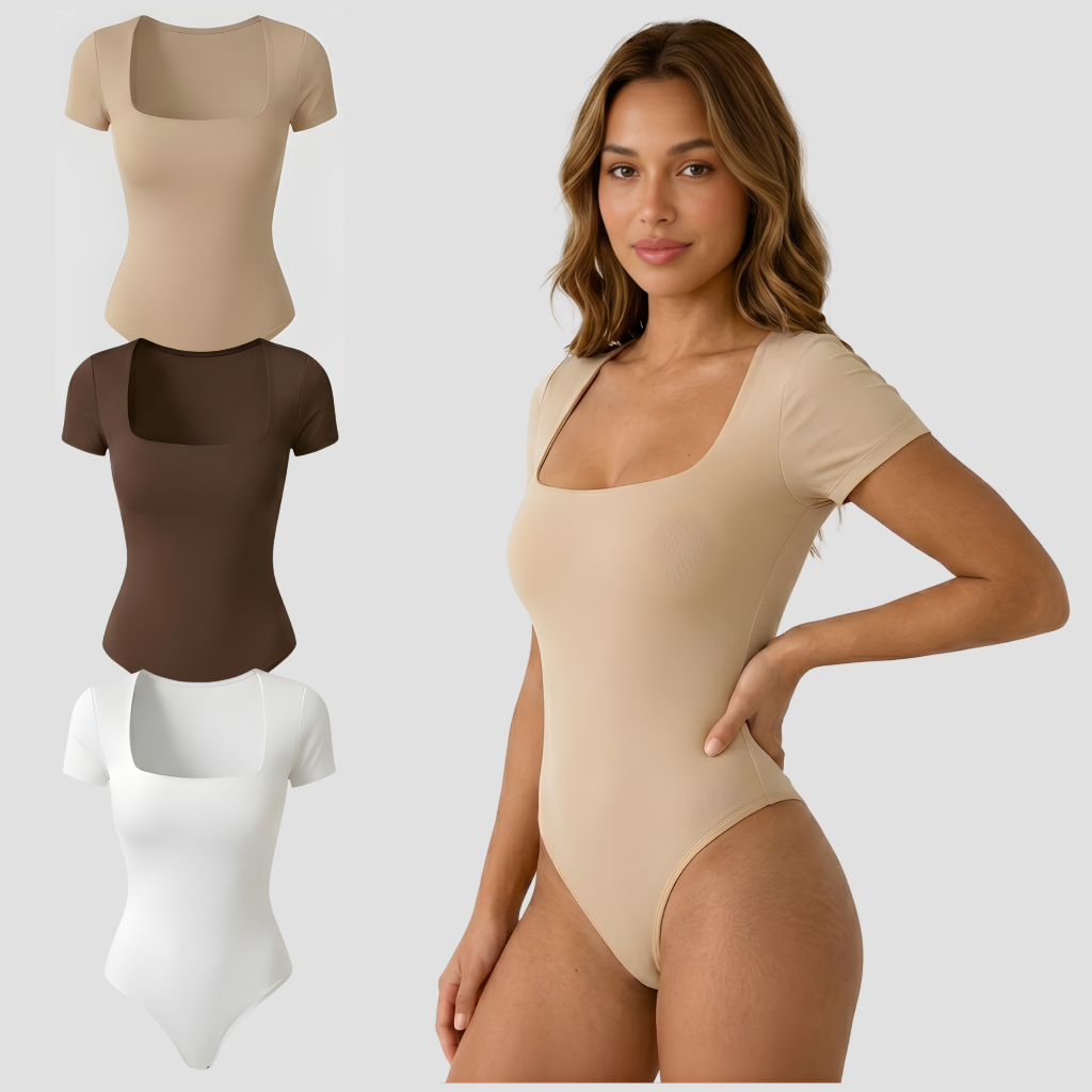 Kit 3 Ou 1 Unidade Body Feminino Decote Quadrado Manga Curta Forro Duplo Poliamida Liso Verão