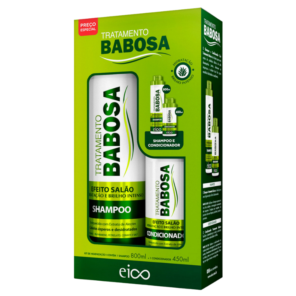 Eico Tratamento Babosa Hidratação Brilho Intenso Shampoo Sem Sal 800ml Condicionador Leave-in 450ml