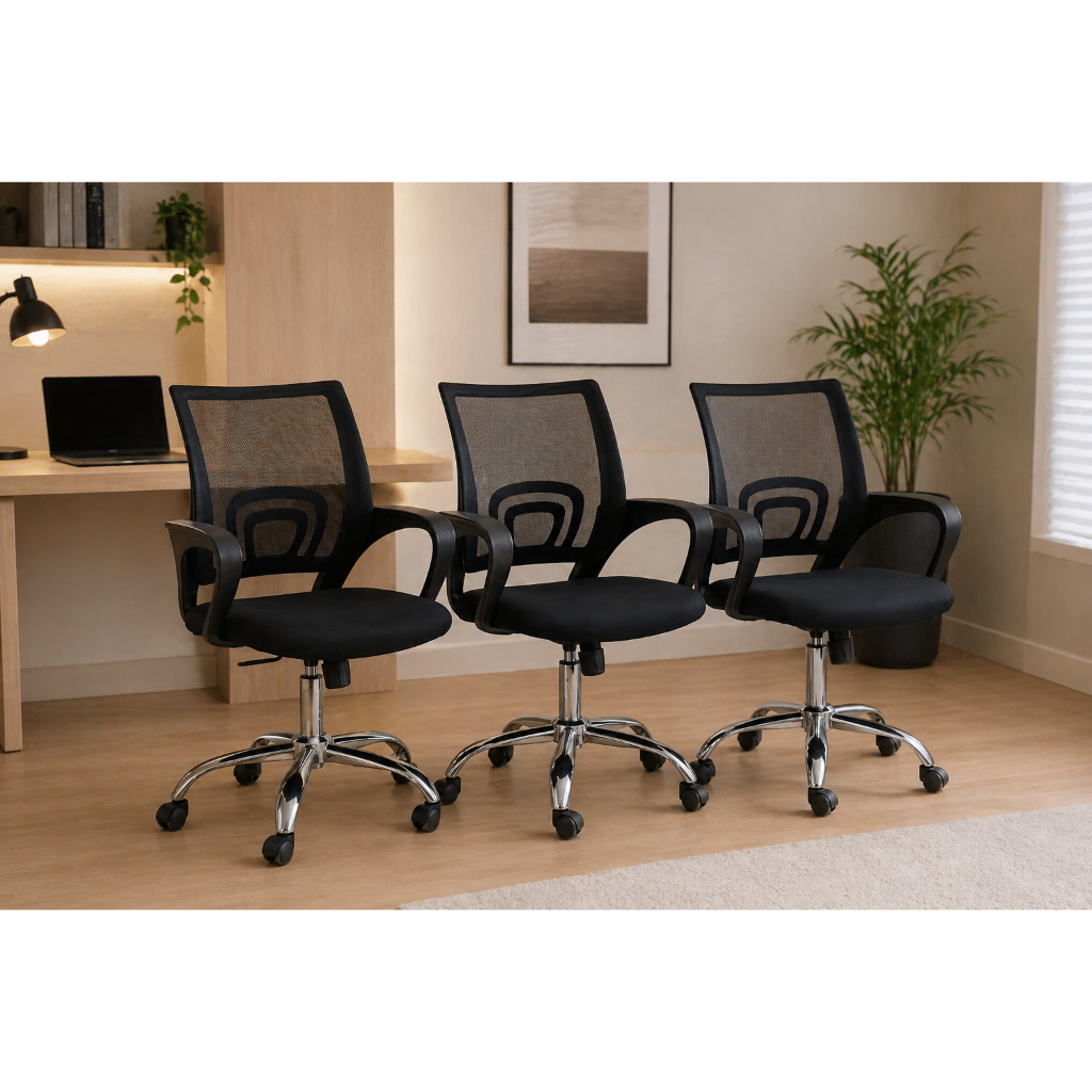 3 Cadeiras - Cadeira De Escritório Begônia Ergonômica Tela Mesh Giratória Regulável Preta Home Office Com Braço