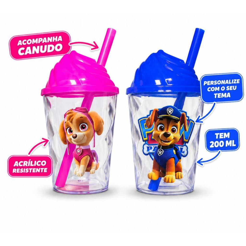 Kit 10 Copos Infantil Personalizado com Canudo 200ml | Lembrancinha de Aniversário Tema Livre Acrílico Resistente