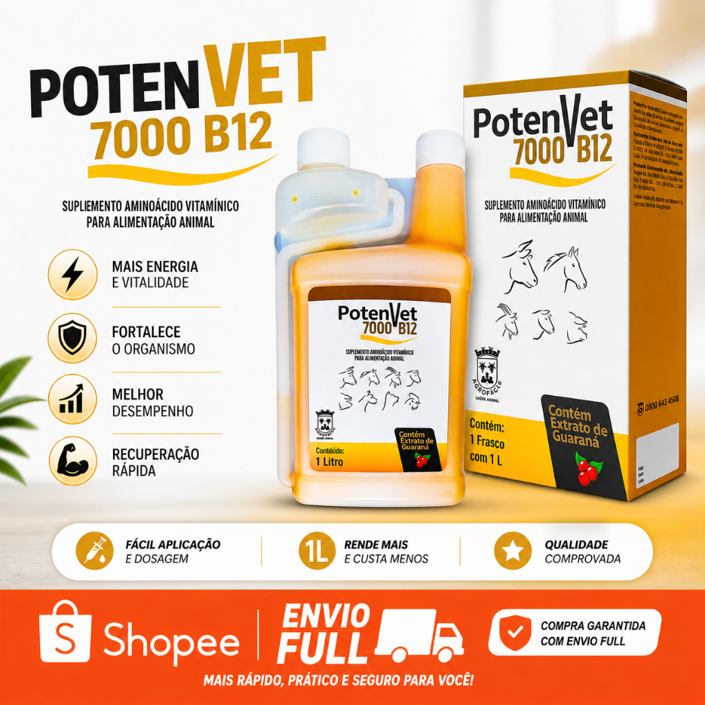 Potenvet 7000 Vitamina B12 Suplemento para Alimentação Animal 1Litro Vilavet vitamina oral
