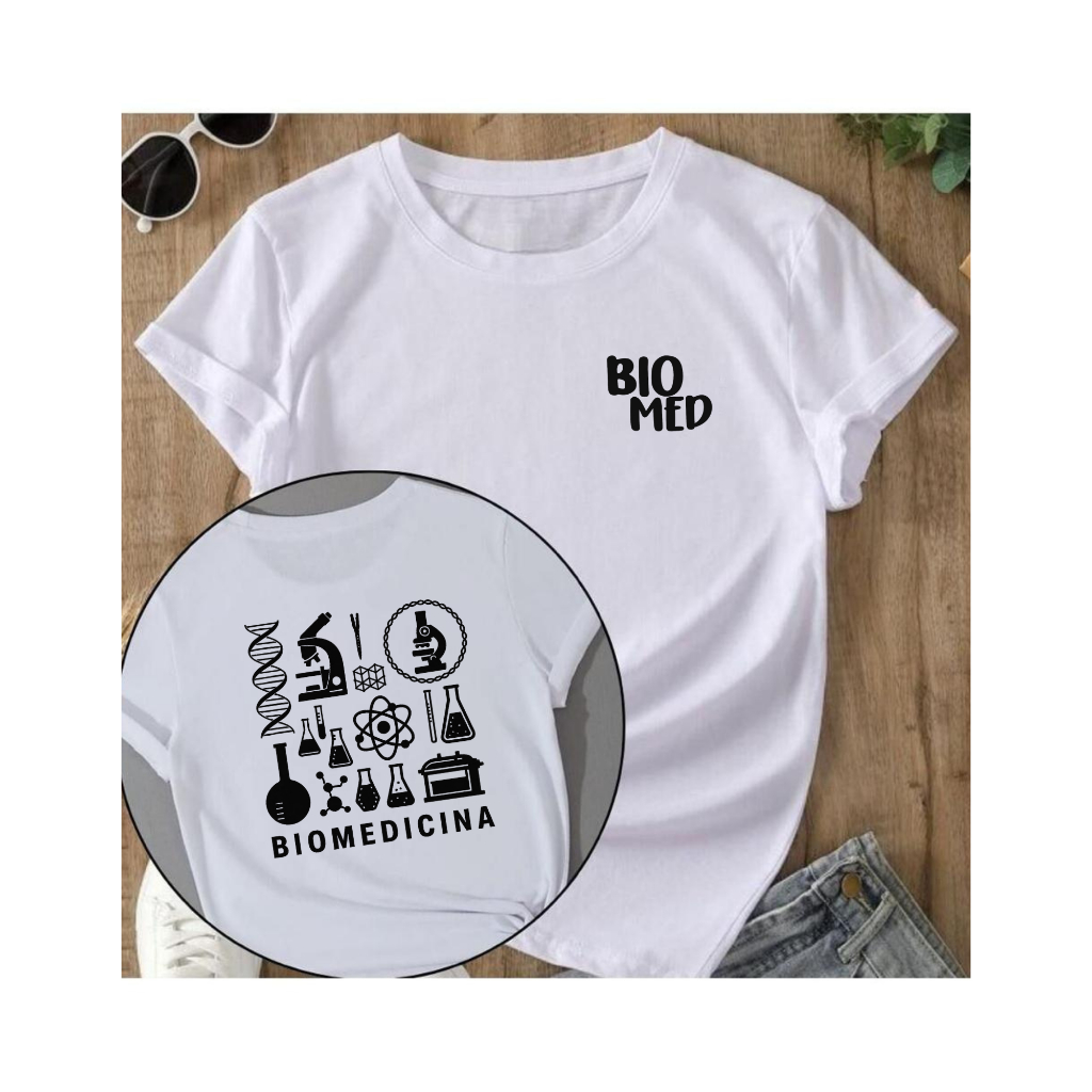 Biomedicina, Blusa - Camiseta branca, Feminina Baby Look, Estampada Faculdade Biomedicina. Biomed