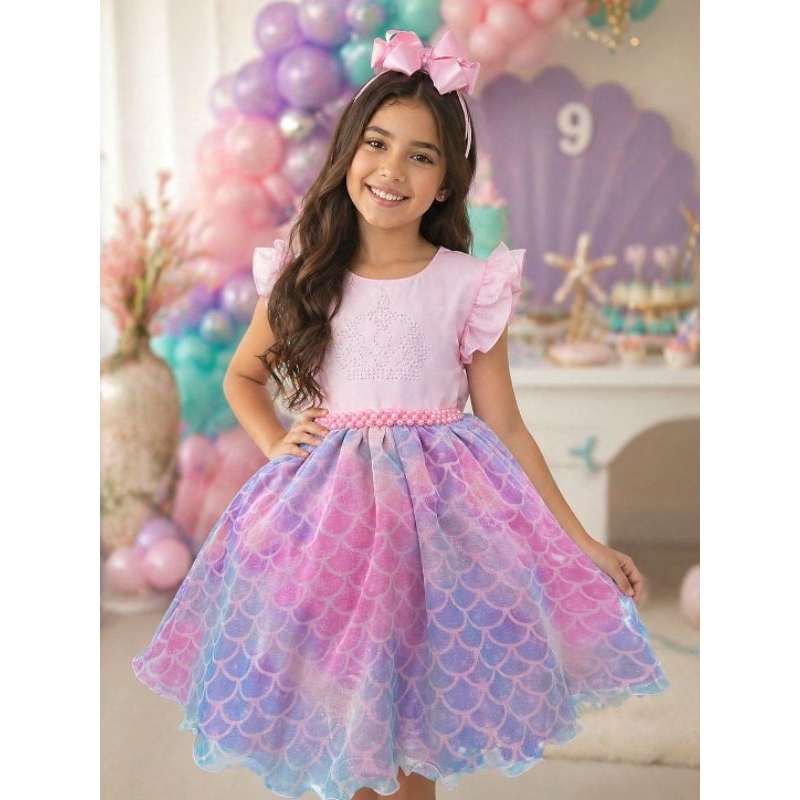 Vestido Infantil Colorido Escamas Sereia Tay Day Vestido Para Festas