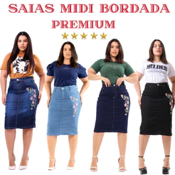Saia Jeans Premium Midi Evangelica Bordada Cintura Alta com Elastano HJ Moda Evangelica