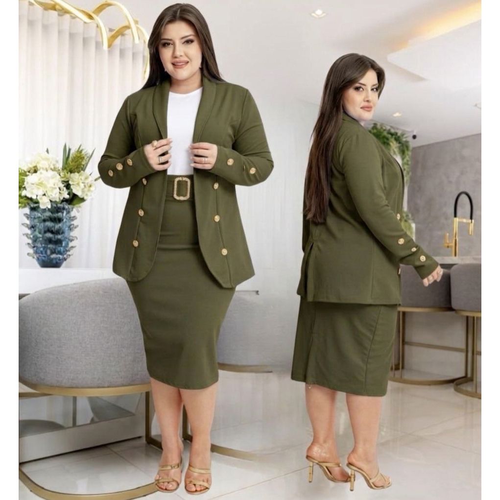 Conjunto Blazer Feminino Social Plus Size Saia Midi Com Cinto Moda Evangelica Congresso